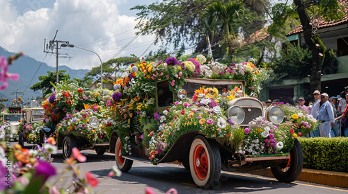 The iconic parade of antique cars adorned with flowers, a highlight of the Feria de las Flores. The vintage cars, covered in colorful blooms, create a stunning sight against the backdrop of