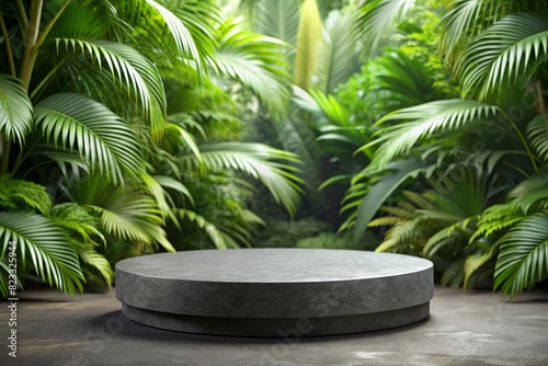 A circular podium for advertising products made of gray stone against a background of tropical leaves in the jungle. An empty stand made of natural stone for the demonstration of cosmetic products.