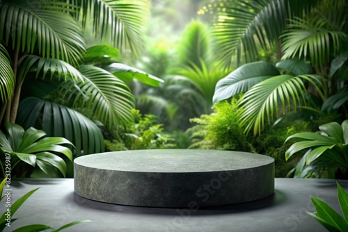 A circular podium for advertising products made of gray stone against a background of tropical leaves in the jungle. An empty stand made of natural stone for the demonstration of cosmetic products.