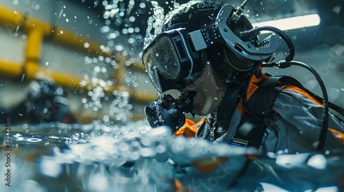 In a simulated flood rescue divers use VR to rehe communication techniques and emergency protocols.