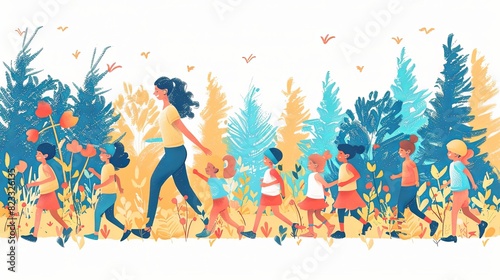 Kids playing hide and seek, outdoor game. Woman blindfold and children, joyful activity in nature. Happy summer recreation with boys and girls. Flat vector illustration isolated on white background