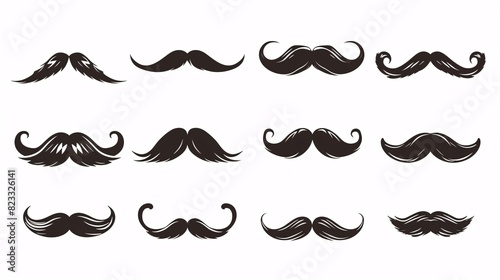 A dark moustache symbol on a blank background. Set of black and white mustache icons.