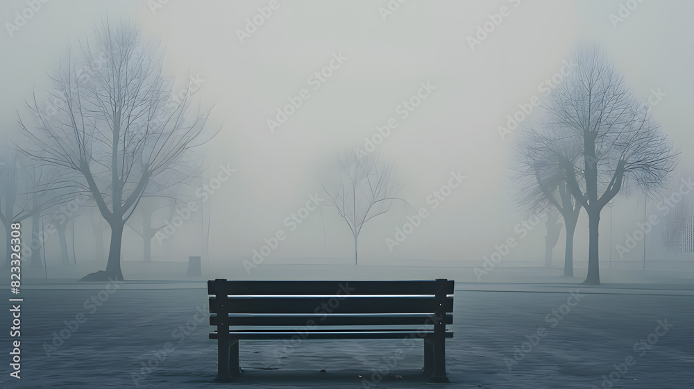 A solitary bench in a foggy park surrounded by bare trees. The misty atmosphere creates a sense of solitude and quiet contemplation, highlighting the tranquil, serene setting
