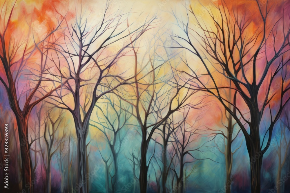 Obraz premium Abstract artistic painting of a mystical forest with colorful backdrop