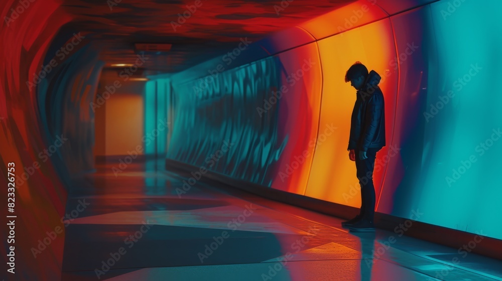 Moody shot of a man in a leather jacket standing alone in a brightly lit, multicolored corridor looking down Moody shot of a man in a leather jacket standing alone in a brightly lit, multicolored corridor looking down