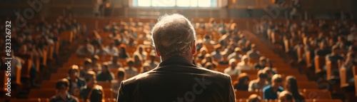 A college professor giving a lecture in a large auditorium, attentive students, realistic, warm tones photo