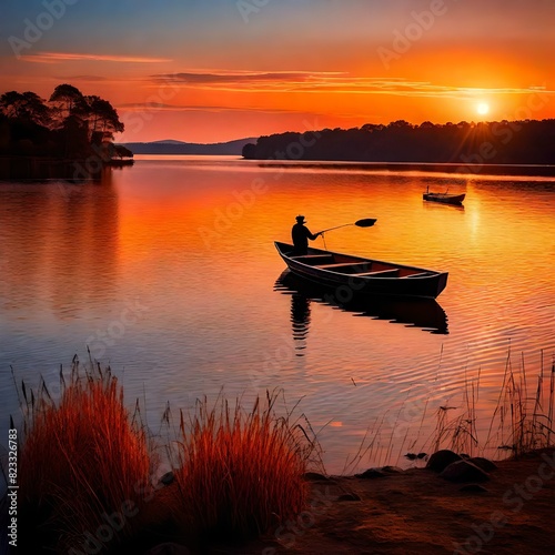 a vivid picture of a lake as the sun sets, casting a warm, orange glow over the water. © shabahat