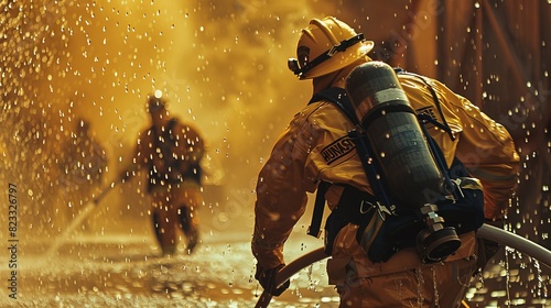 Firefighter in protective gear battling a blaze, heroic firefighter photo
