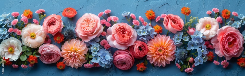 Fototapeta premium Creative layout made of various flowers. Flat lay delicate colorful bouquet as event greeting card, holiday celebration,Vibrant Floral Composition - Exquisite Arrangement of Colorful Blossoms in Stunn