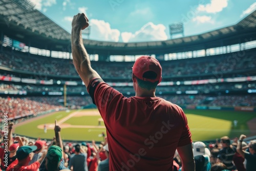 Exhilarated fan clad in team colors raises a triumphant fist against the backdrop of a roaring crowd at a summer baseball game