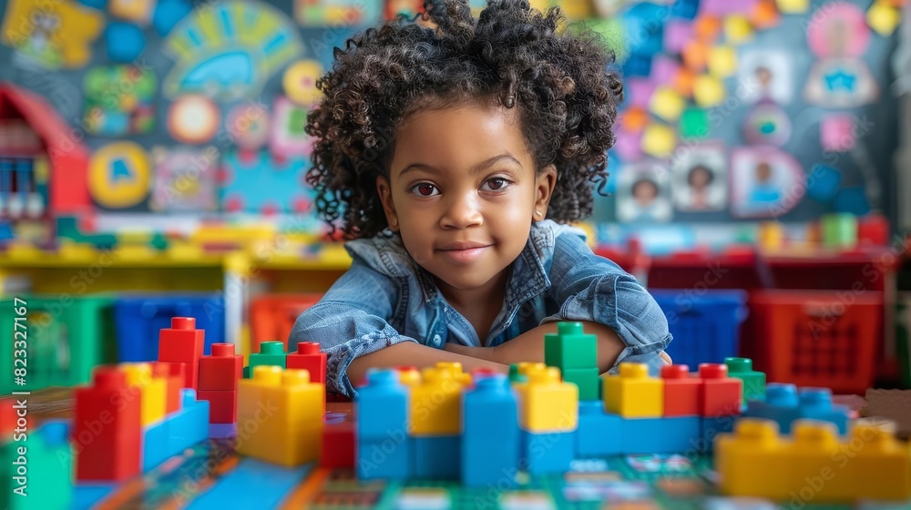 A young child using building blocks in a classroom, handson learning, realistic, vibrant colors
