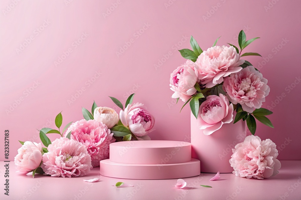 Minimalistic pink pastel background for product demonstration. A modern catwalk with a pink wall wall and pink peonies all around. Creative design for product presentation.