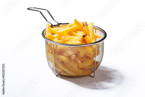 French fries in a fryer basket isolated on a transparent background with transparent shadow.