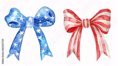 Celebrate Independence Day with a beautiful watercolor illustration of red, white, and blue bows and ribbons. photo