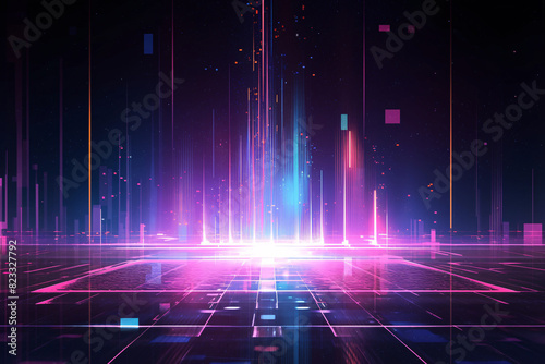 Futuristic digital landscape with neon lights and glowing grid patterns in vibrant pinks and blues