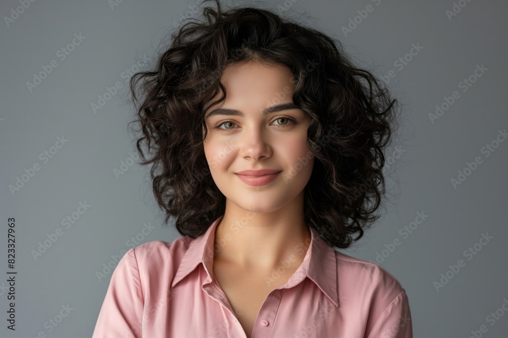 Portrait of a young woman with curly hair and a soft smile, wearing a pink shirt. Ideal for fashion blogs, beauty features, and lifestyle photography. Portrait of a young woman with curly hair and a soft smile, wearing a pink shirt. Ideal for fashion blogs, beauty features, and lifestyle photography.