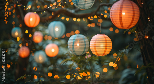 enchanted garden party, create a magical garden party vibe with pastel paper lanterns and fairy lights hanging from trees for whimsical decor photo