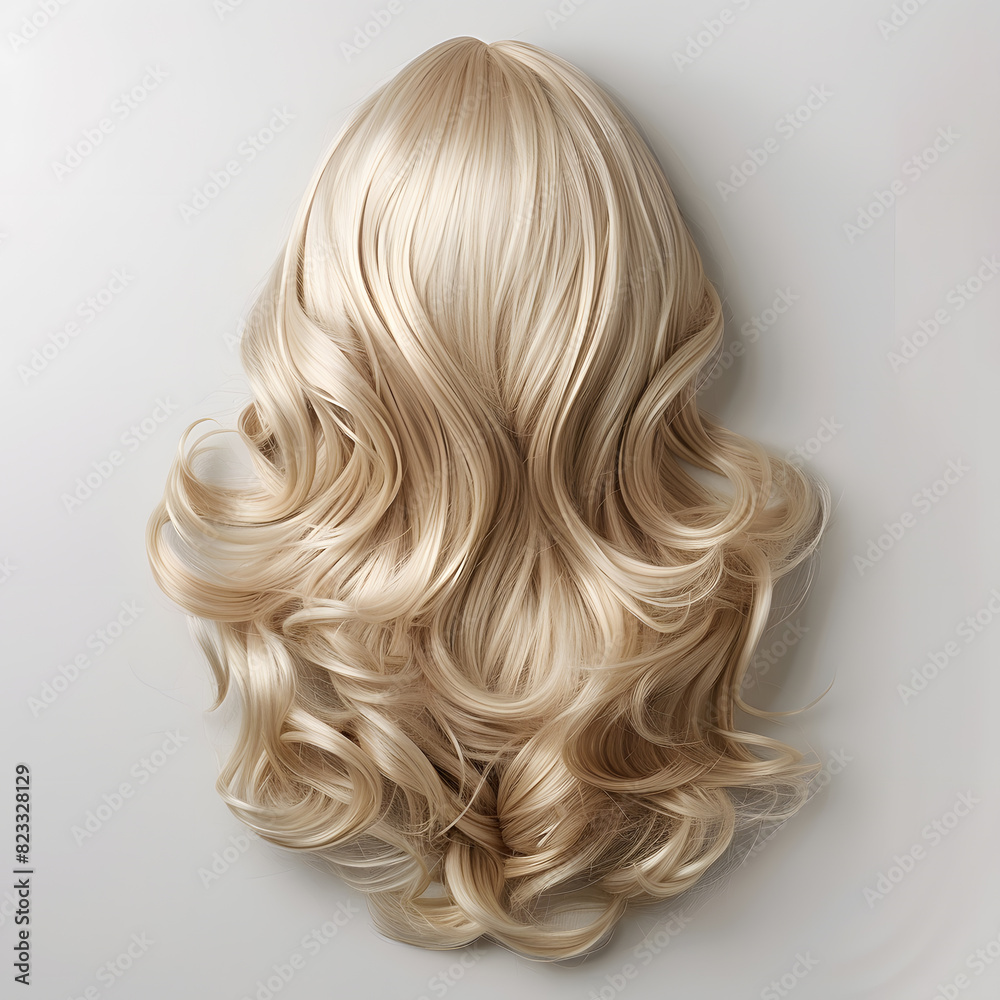 Natural looking long hair cut blonde wig isolated on white background Natural looking long hair cut blonde wig isolated on white background
