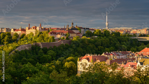 Photography Vyšehrad View: Nusle Bridge and Historic Wall Against Prague Panorama