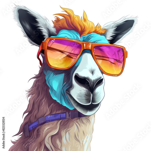 A cartoon portrait of a llama or alpaca wearing sunglasses, isolated on white background © hdesert