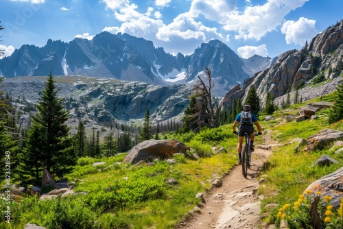 Mountain biker traverses rocky trail under radiant July sun the Rocky Mountains majestically tower in the backdrop © Artem