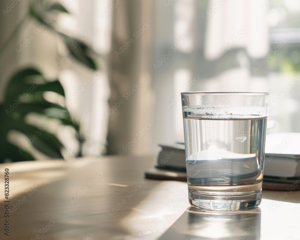 Drinking water reminder, glass of water on a desk, bright daylight, refreshing and clear Drinking water reminder, glass of water on a desk, bright daylight, refreshing and clear