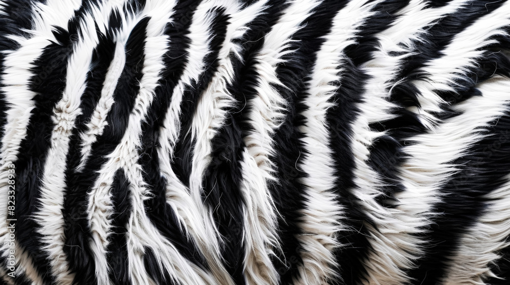 Fluffy animal zebra print. Closeup of artificial fur texture. Monochrome. Fashion background. Generative AI Fluffy animal zebra print. Closeup of artificial fur texture. Monochrome. Fashion background. Generative AI