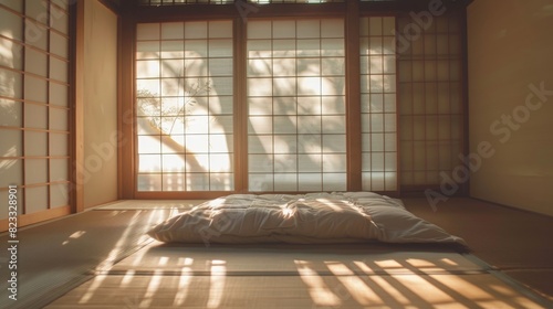 Serene Morning Light in Traditional Japanese Room with Tatami Mats and Futon Bedding