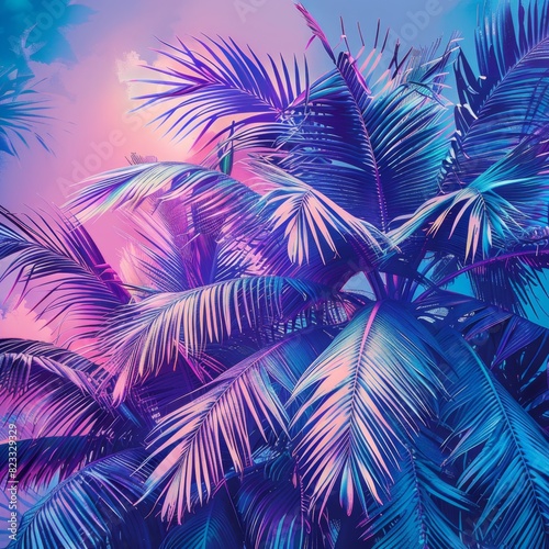 Retro Palm Leaves in Retrowave Pastel Colors on Tropical Beach  