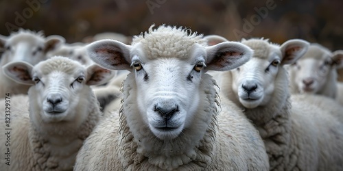Sheep huddling together closely with copy space in focus. Concept Animal Photography, Sheep Herd, Close-up Shots, Copy Space, Nature Scene photo