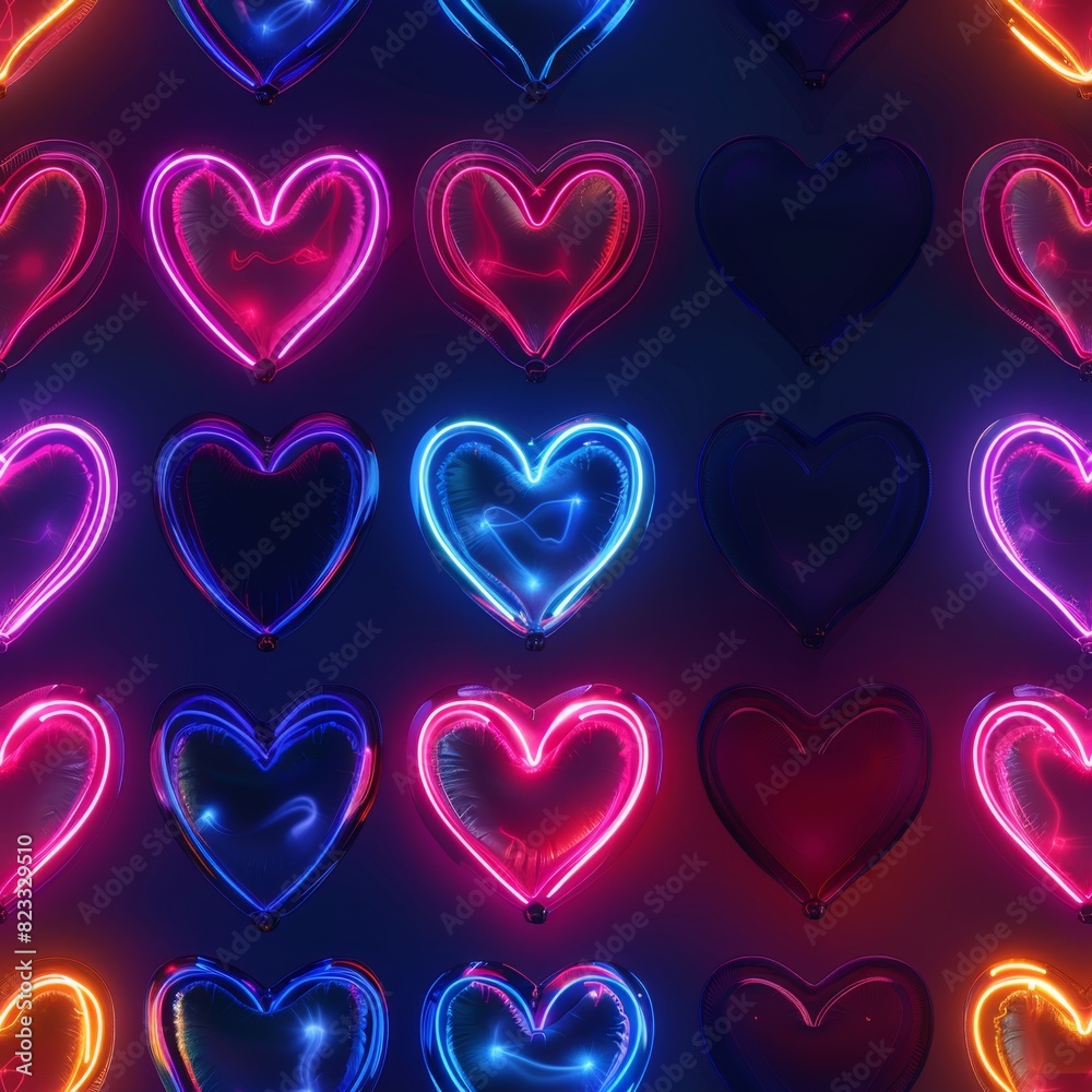 Seamless Pattern of Neon Hearts in Retrowave Colors

