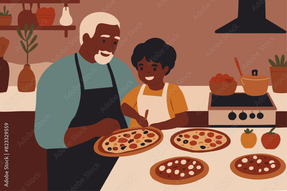 African senior grandfather and his kid making pizzas and spending time together African senior grandfather and his kid making pizzas and spending time together