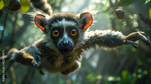 Deep the dense jungles of Madagascar a playful lemur named Momo swings through the treetops his long tail acting as a counterbalance as he navigates the lush canopy in search of ripe fruit photo