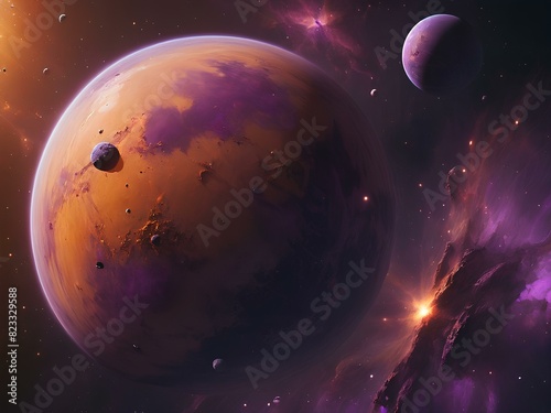 Space landscape science illustration full of wonders with different shapes and color. Planets, stars, moons, nebulas and lights around