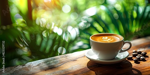 Sunny Day Scene: Fresh Coffee Cup on Wooden Table with Lush Tropical Backdrop. Concept Summer Refreshment, Morning Bliss, Nature Inspiration