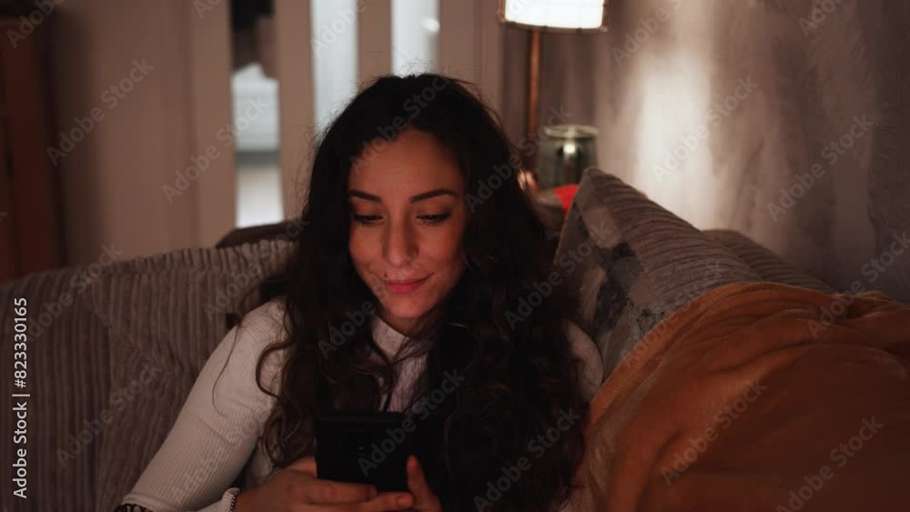 Young Italian woman smiles while looking at her smart phone at home Young Italian woman smiles while looking at her smart phone at home