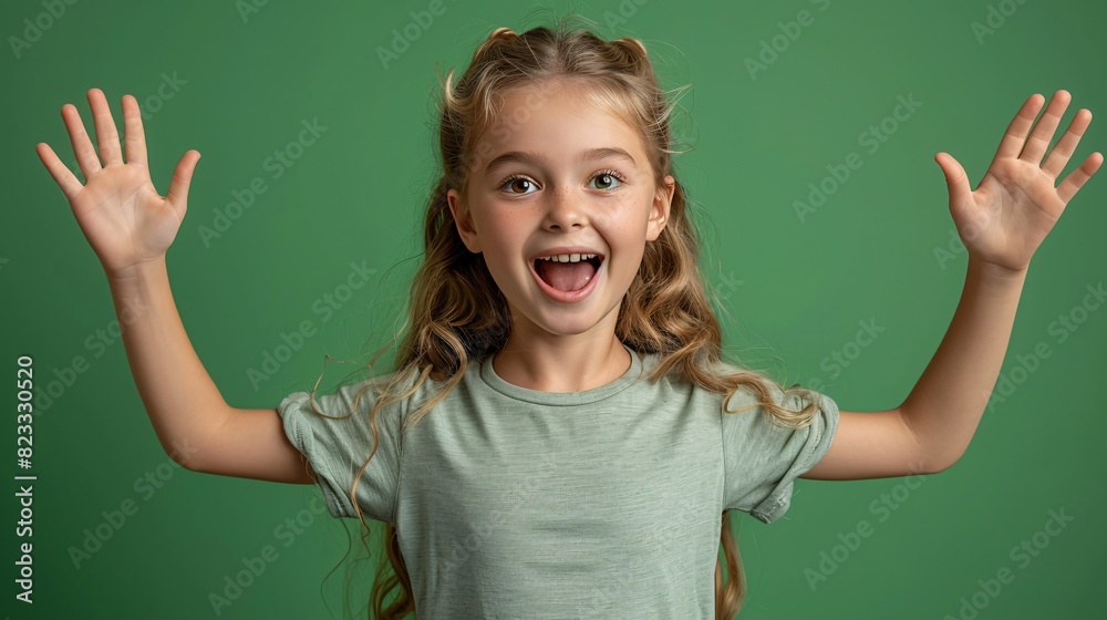Vibrant girl in grey polo shirt with open expression and raised arms captured in full body shot against a green backdrop. Vibrant girl in grey polo shirt with open expression and raised arms captured in full body shot against a green backdrop.