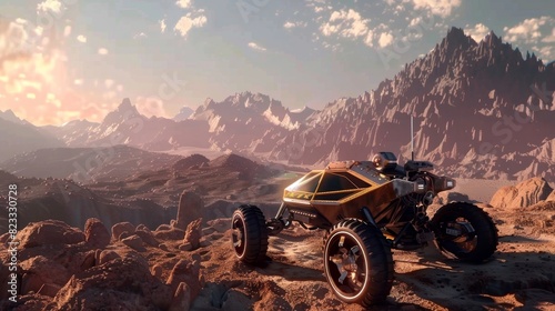 A virtual rover sits on the surface of a red rocky planet ready for the user to hop in and explore the terrain.