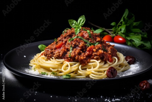 Delicious spaghetti bolognese on a slate plate against a white ceramic background
