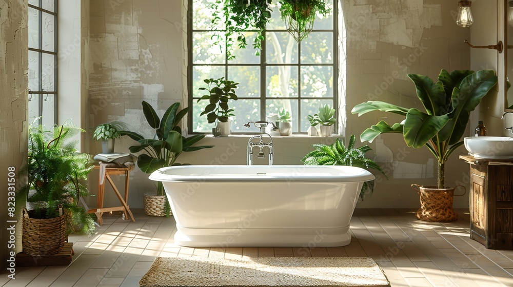 indoor oasis, sunlight streaming into a contemporary bathroom with a standalone tub and greenery, transforming it into a luxurious retreat indoor oasis, sunlight streaming into a contemporary bathroom with a standalone tub and greenery, transforming it into a luxurious retreat