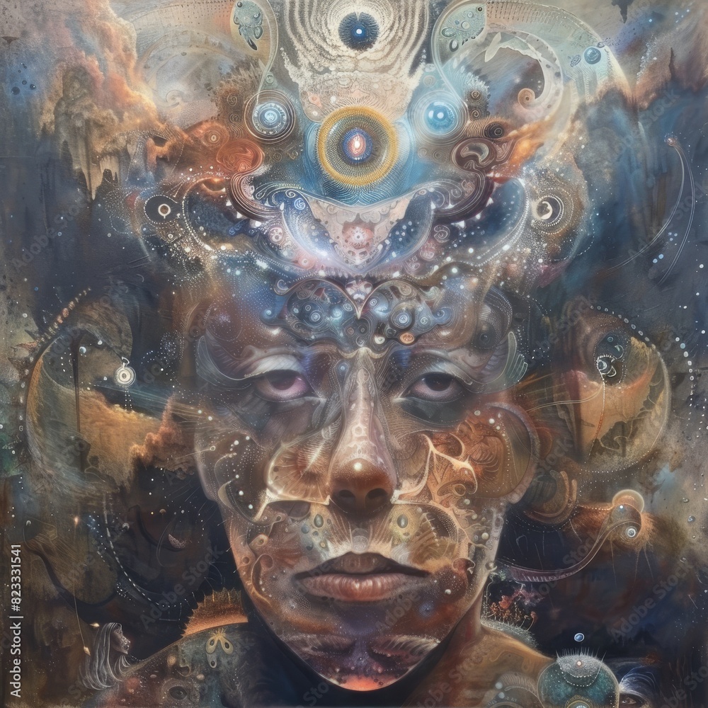 Surreal portrait of a face with cosmic and tribal elements, evoking deep emotions and universal connections.