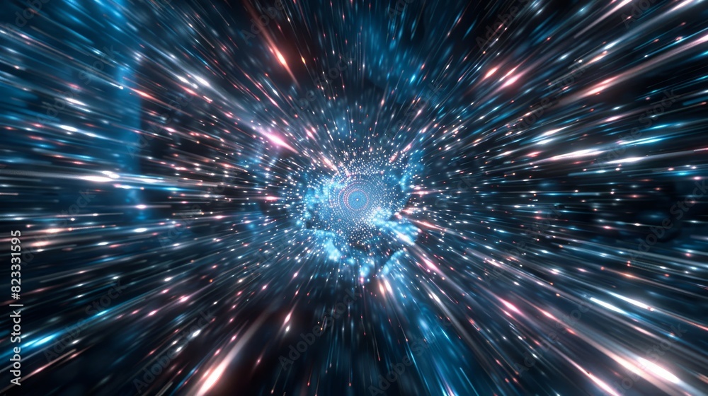 Hyperspace transition into the deep unknown space, futuristic journey into uncharted territory Hyperspace transition into the deep unknown space, futuristic journey into uncharted territory