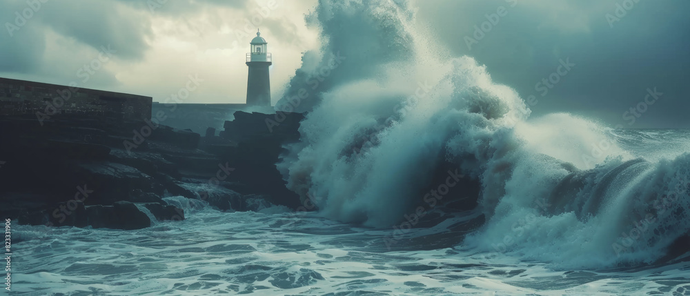 Lighthouse stands resilient as massive waves batter the rocky shoreline. Lighthouse stands resilient as massive waves batter the rocky shoreline.