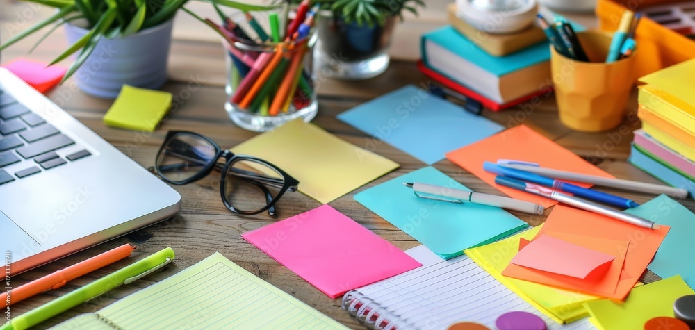 method in action, tidy desk with sticky notes, natural light, organized and proactive colorful details method in action, tidy desk with sticky notes, natural light, organized and proactive colorful details