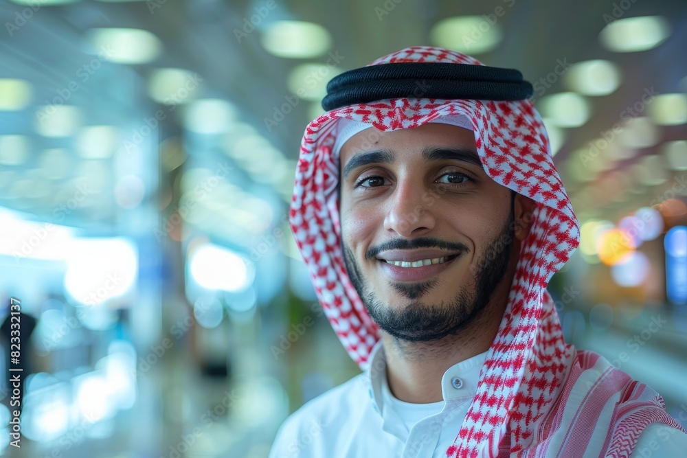 smiling young arabian man portrait in airport terminal smiling young arabian man portrait in airport terminal