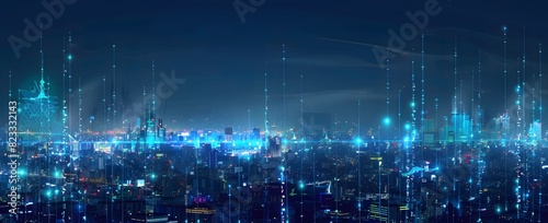 Smart City Network Hologram with Blue Night Gradient