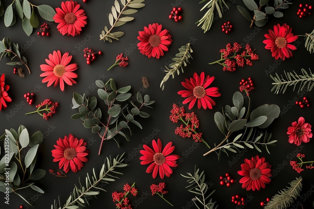 Holiday Floral Arrangement with Red Flowers and Greenery on Dark Background for Festive Designs and Seasonal Celebrations