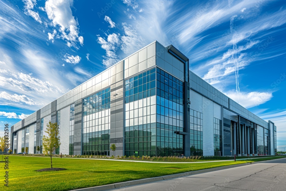 A large modern warehouse with an exterior of light grey metal and glass windows, located on the right side in front of it is green grass and blue sky with clouds