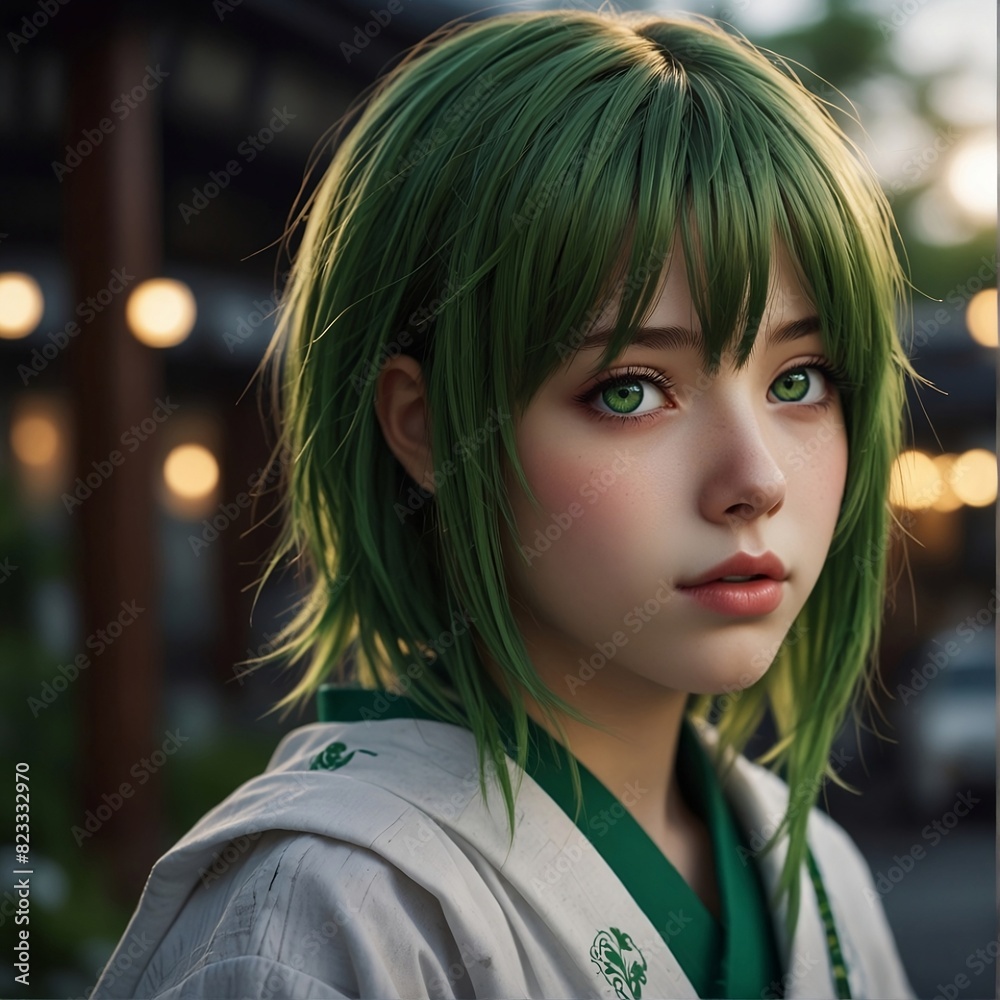 A highly detailed and realistic digital or anime style artwork, featuring a young person with green hair and green eyes. A highly detailed and realistic digital or anime style artwork, featuring a young person with green hair and green eyes.