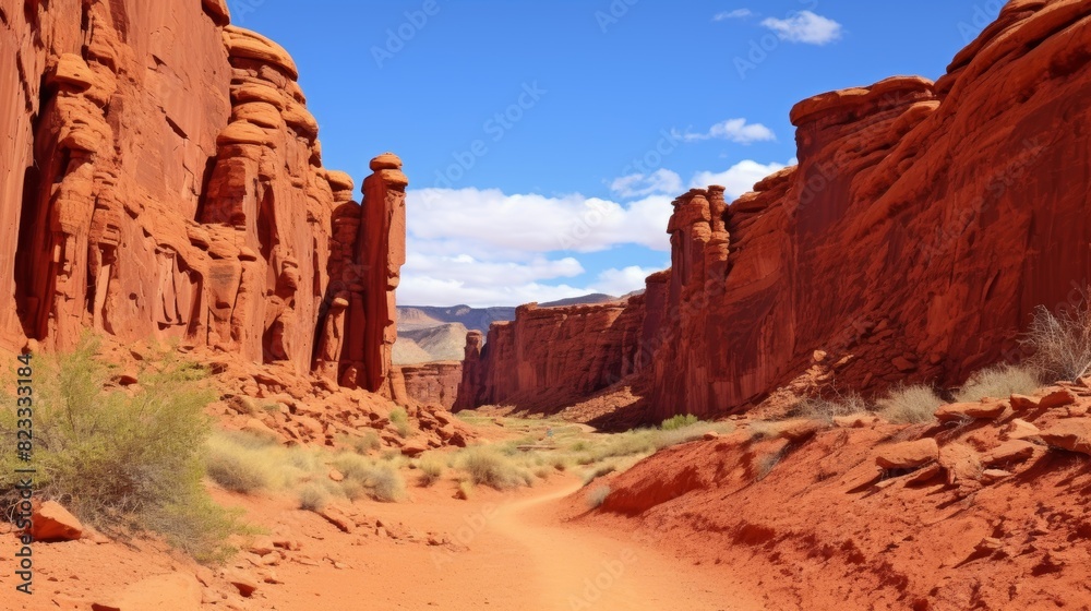 Towering red cliffs in desert canyon. Towering red cliffs in desert canyon.